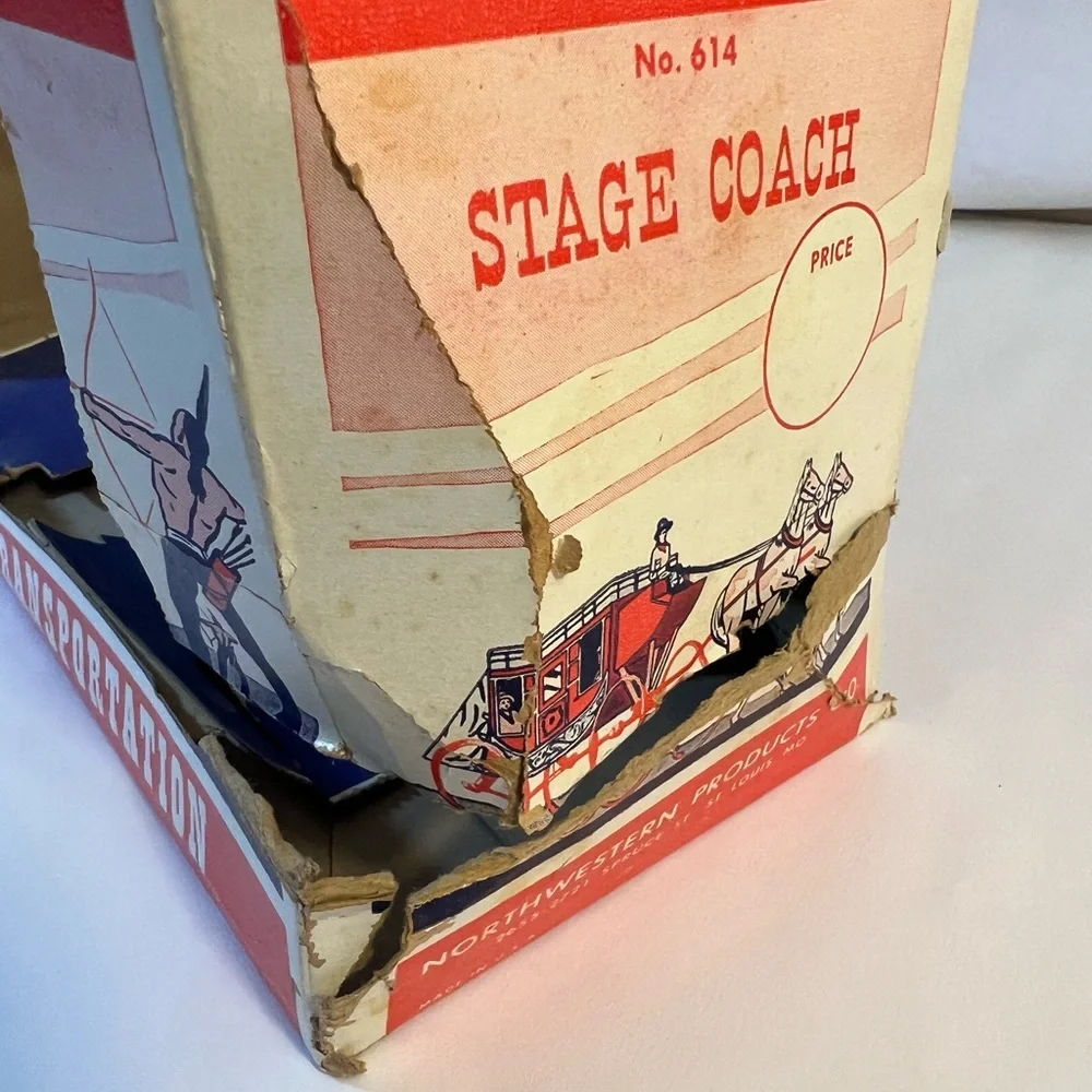 Vintage tin toy Northwestern Stage coach with horses , box and brochure. - Picture 10 of 14